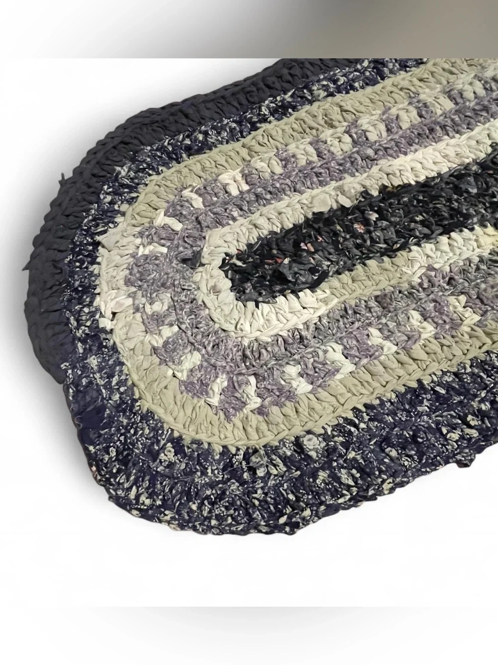Handmade Oval Crocheted Rag Rug Gray Lavender Navy Cottagecore Granny Prairie